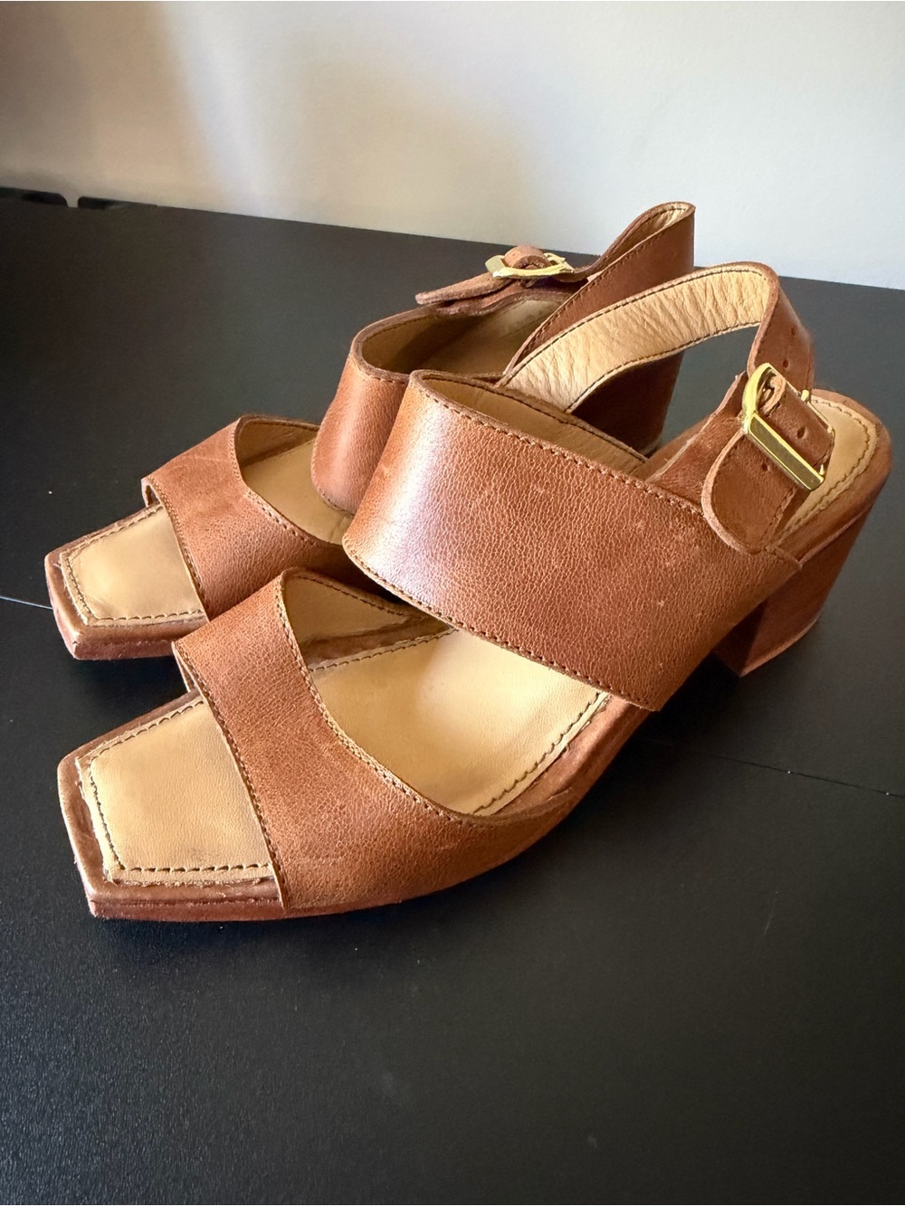 Wide Strap Brown Block Heel Sandals with Buckle